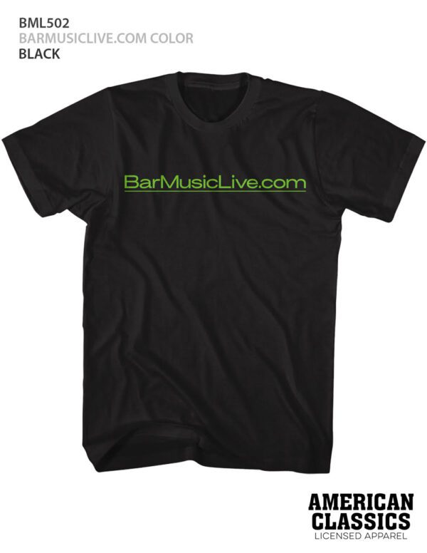 A black t-shirt with the words bar music live. Com on it