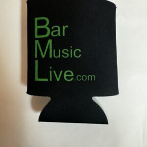 A black and green can holder with the words bar music live.