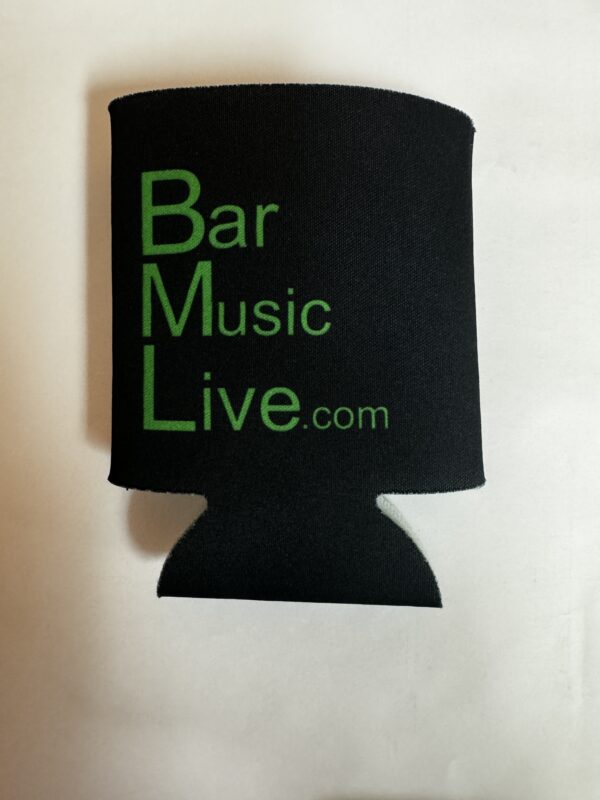 A black and green can holder with the words bar music live.