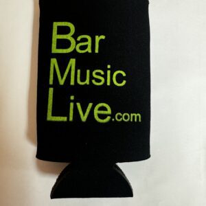 A black and green can holder with the words bar music live. Com on it