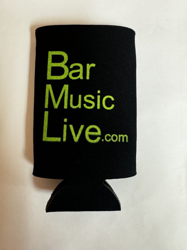 A black and green can holder with the words bar music live. Com on it