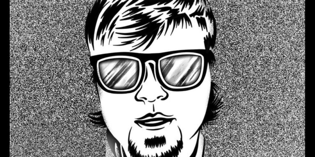 A black and white drawing of a man with sunglasses.