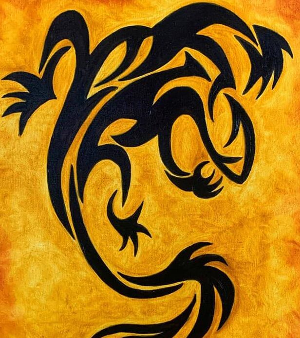 A black lizard on yellow background with flames