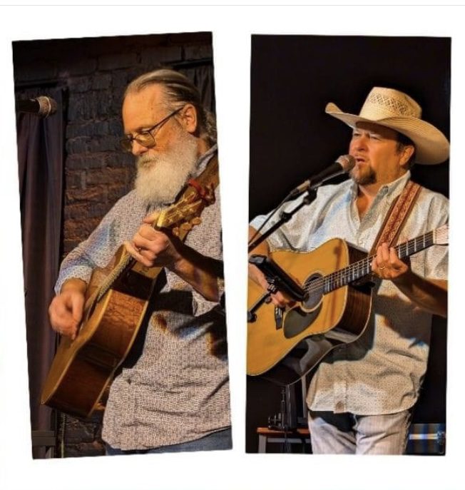 Two pictures of a man playing guitar and singing.