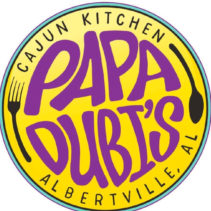 A yellow and purple logo for papa dubi 's cajun kitchen.