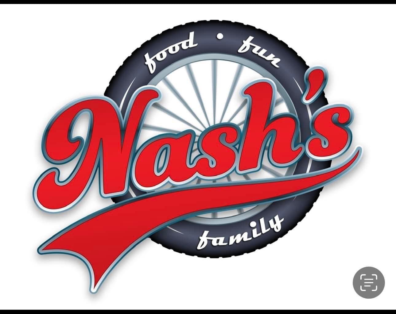 A red and black logo for nash 's food, fun & family.