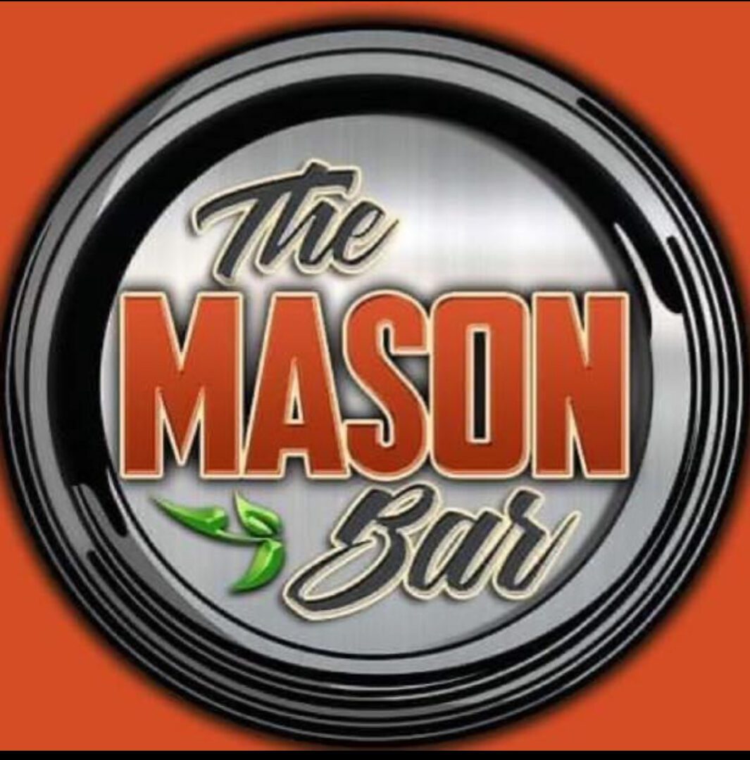 A silver and orange logo for the mason bar.