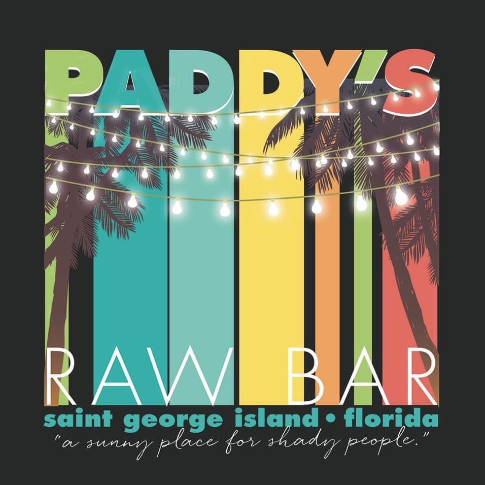 A black shirt that says paddy 's raw bar in saint george island, florida.