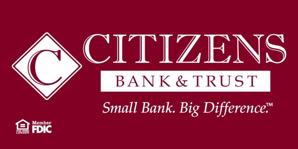 A red and white logo for citizens bank & trust.