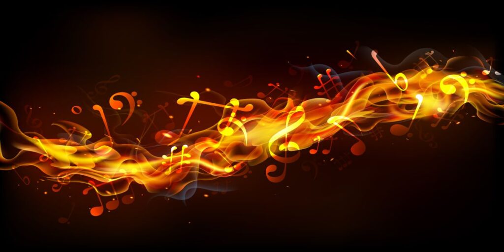 A fire background with musical notes and swirls